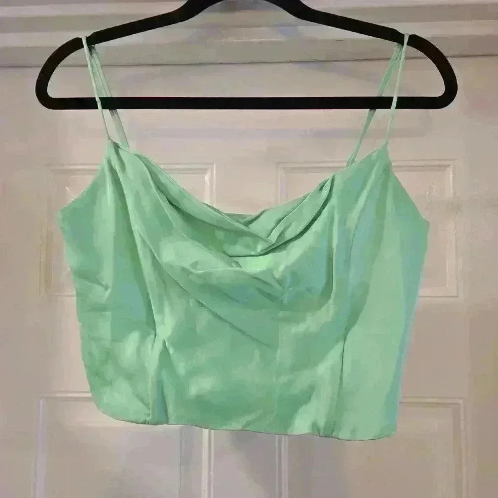 Zara Satin Corset Style Spagetti Straps Crop Top Green Womens Size Small